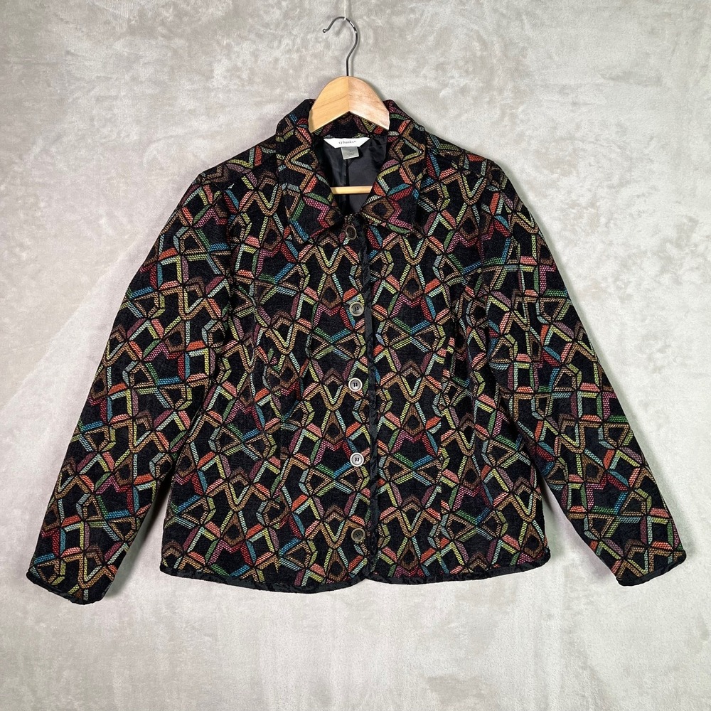 CJ Banks Jacket Womens X Multicolor Button Front Textured Blazer Geometric Artsy